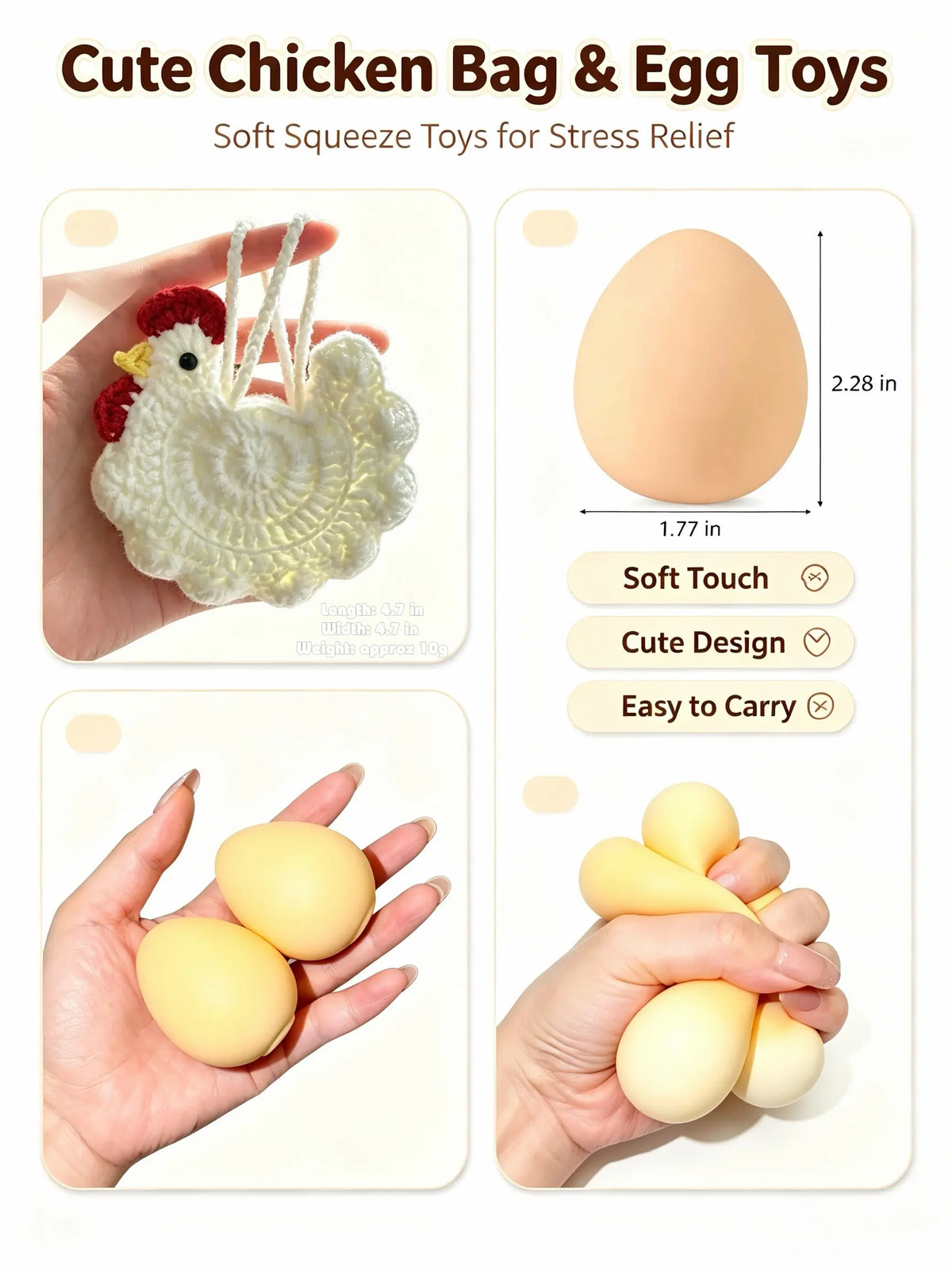 Unisex Squishies Toys Set with Crocheted Chicken Basket, Slow-Rise Realistic Squeeze Toys, Stress Relief Sensory Fidget Items for Kids & Adults