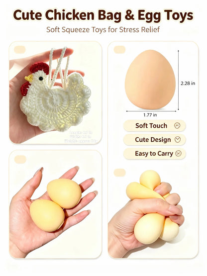 Unisex Squishies Toys Set with Crocheted Chicken Basket, Slow-Rise Realistic Squeeze Toys, Stress Relief Sensory Fidget Items for Kids & Adults